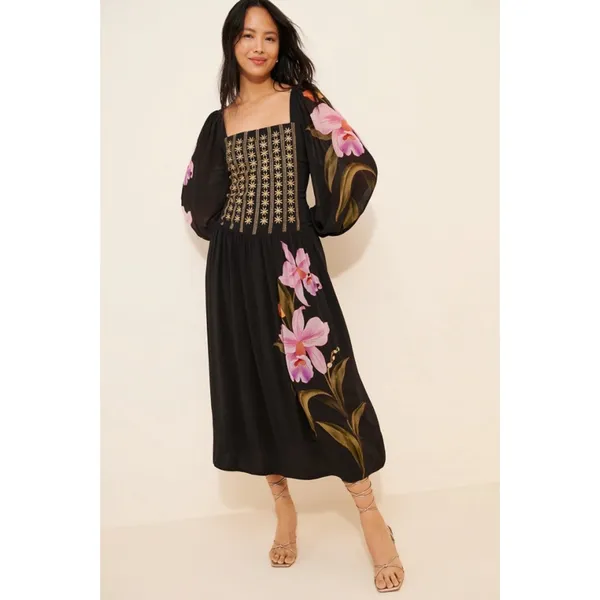 FARM Rio Embroidered Goddess Orchid Floral Long Sleeve Midi Dress Black Small - Image 3