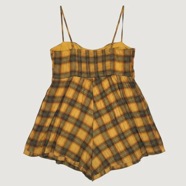 164‎ | Urban Outfitters Plaid Ruffle Smocked Back Romper Orange Yellow Women L - Image 4