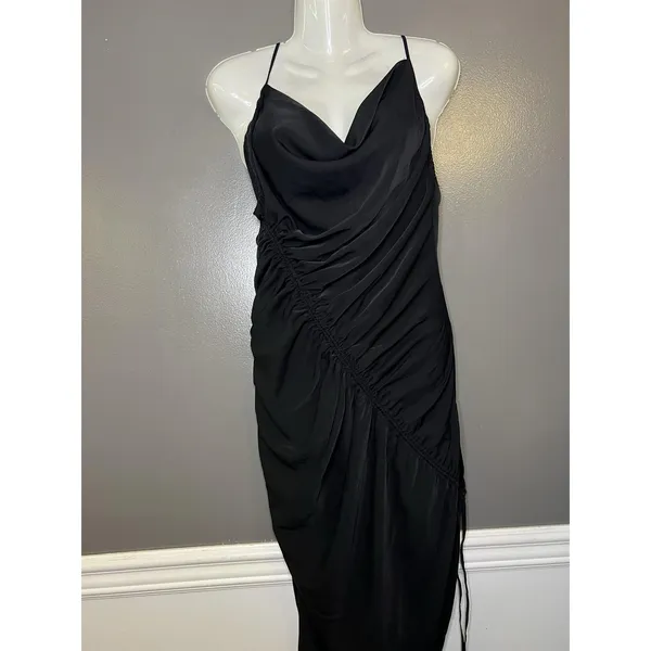 Abercrombie & Fitch Dress Womens Medium Black Satin Ruched Cowl Slip Midi Party - Image 2