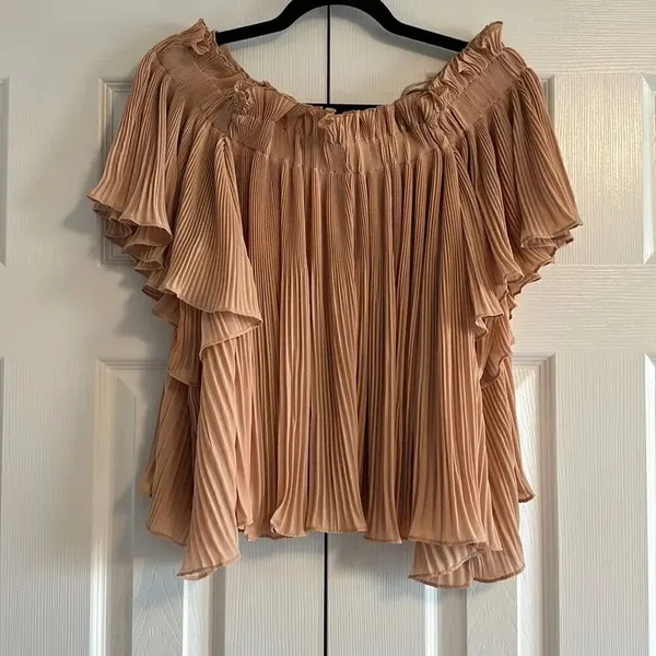 Endless Rose Off Shoulder with Adjustable Straps Tan Pleated Flowy Blouse - Image 2