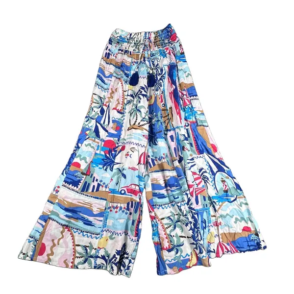 True Destinations Coastal Wide Leg Palazzo Pants Small Tropical Print Smocked - Image 2
