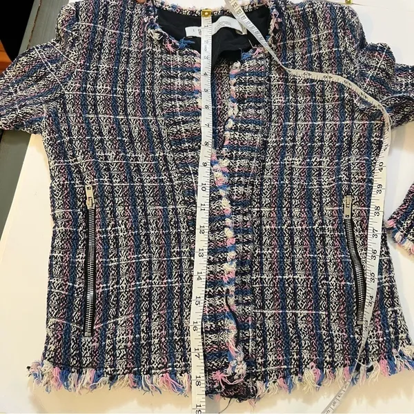 IRO Paris Multi Color Tweed Fringe Collarless Zip Pocket Jacket Blue Pink 36 4 - Image 8