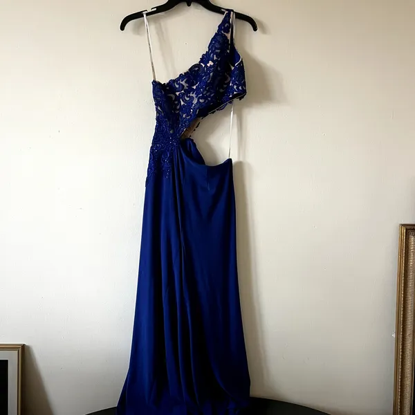 Sherri Hill Royal Blue Jersey One Shoulder Gown Maxi Dress Size 4 J1 - Image 4