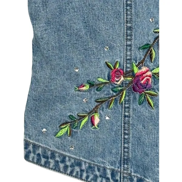 Vintage Bill Blass Denim‎ Vest Medium Blue Floral Embroidered Rhinestone 90s Y2K - Image 5