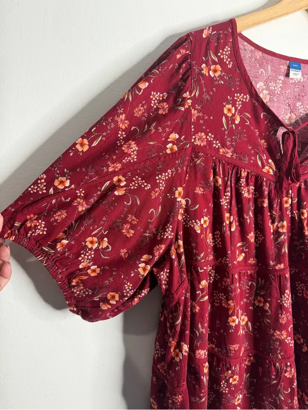 Old Navy Puff-Sleeve Floral Tiered‎ Swing Boho Top Burgundy Floral XXL Flowy - Image 6