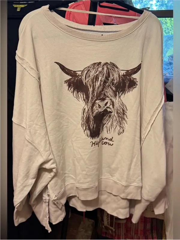 NWOT Free People We The Free Graphic Camden Pullover - highland cow combo - XS - Image 10