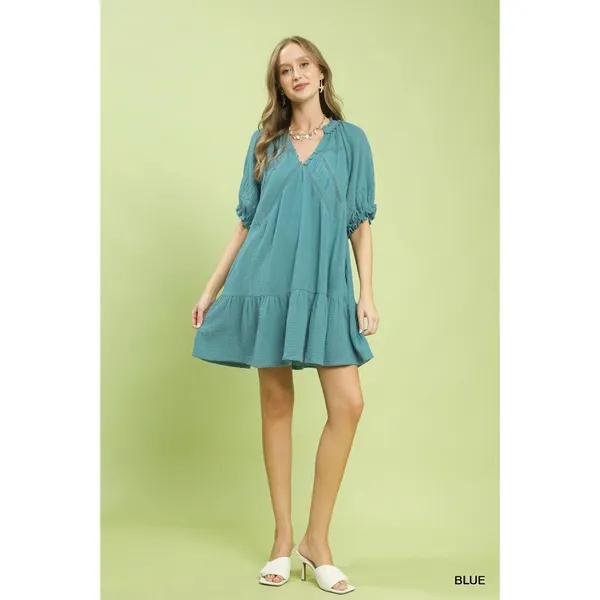 Umgee Cotton Gauze Mini Dress - Blue - Small - Image 5