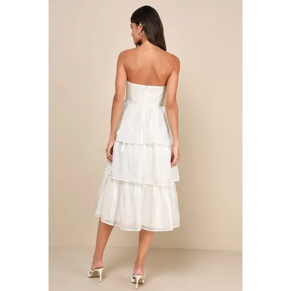 NWT Lulus Com-pleat-ly Charming Ivory Organza Tiered Strapless Midi Dress Sz M - Image 3