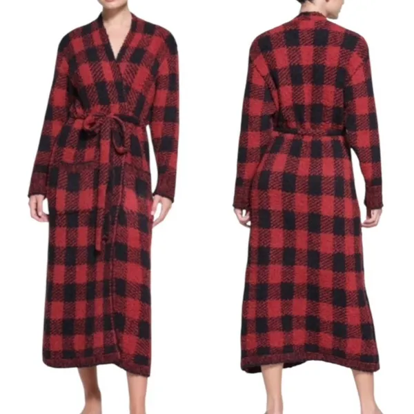 NWT SKIMS Knit Unisex Belted Robe Brick Buffalo Plaid Red Black Size S/M - Image 2