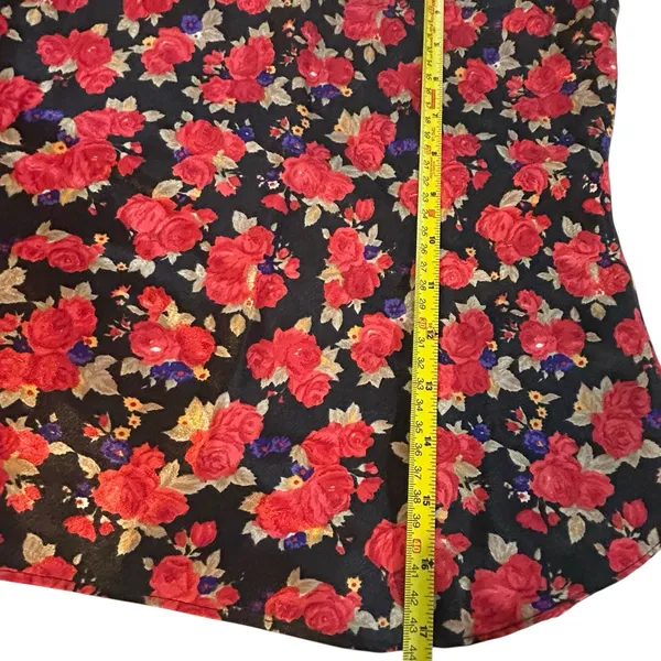 Black Floral Satin Cami Red Rose Print Y2K‎ Romantic Tank S/M Adjustable Straps - Image 3