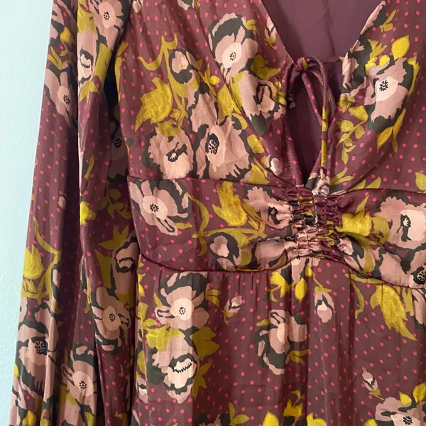 Free People Purple Floral Polka Dot Boho Fairy Whimsy Mini Dress Long Sleeve 8 - Image 3
