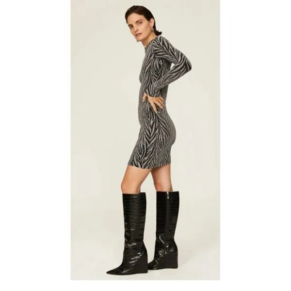 RTR sz 8 all saints Amaya silver black zebra print dress metallic fitted bodycon - Image 2