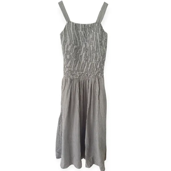 NWT OGL Striped Poplin Square Neck Smocked Midi Bra Dress Sz Medium Gray Stripe - Image 4