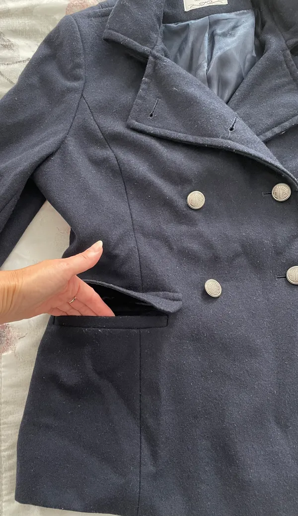 Navy Blue Wool Blend Double Breasted Pea Coat, size M - Image 7