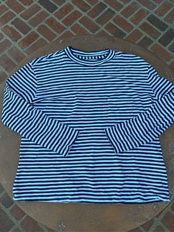 Garnet Hill white & navy striped long sleeve top Sz M 100% cotton #stripes #nautical - Image 3