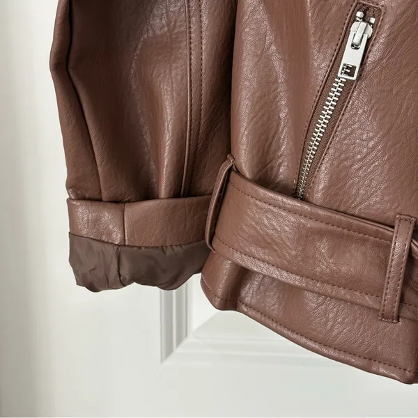 Old Navy Brown Leather Jacket Asymmetrical Zipper Moto Style - Image 7