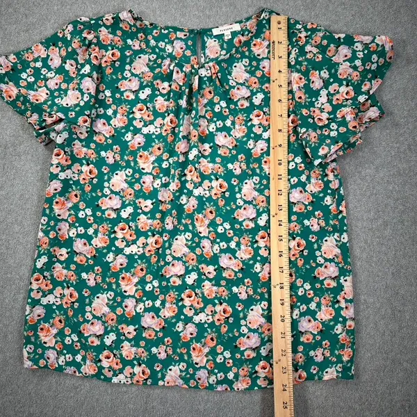 Pleione Green Floral Tiered Flutter Sleeve Blouse Women's Medium Round Neck - Image 5