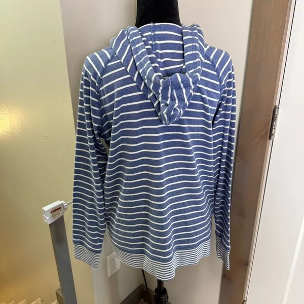 Eddie Bauer Legendwash Blue White Stripe Full Zip Sweater Hoodie Cotton L - Image 4