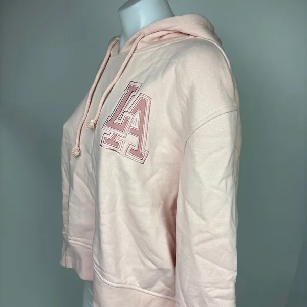 NEW Primark Light Pink Los Angeles Pullover Hoodie Crop Fleece Sweatshirt Size S - Image 4