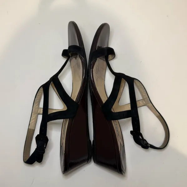 Jimmy Choo Wedge Sandals Black Suede and Chocolate Brown Patent Leather EU 39 - Image 5