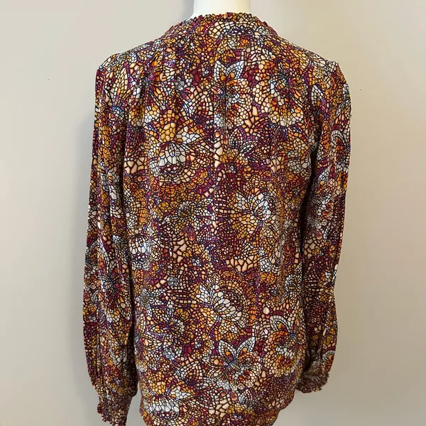Maeve Geometric Ruffle Cinched Button Collar Blouse Top Balloon Sleeve Size S - Image 5