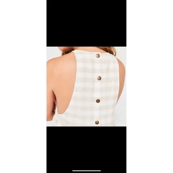 KIMCHI BLUE Size S Gingham White Beige Plaid Linen Cotton Pinafore Dress Snaps - Image 2