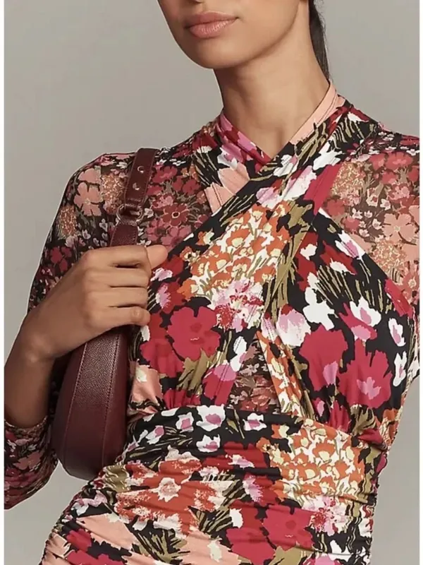 Anthropologie Halter High Neck Mesh Floral Ruched Midi Dress NWT XS - Image 5