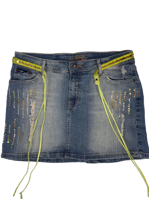 Vintage Y2K Southpole Jeans Sequin Distressed Denim Mini Skirt Size 13 - Image 7