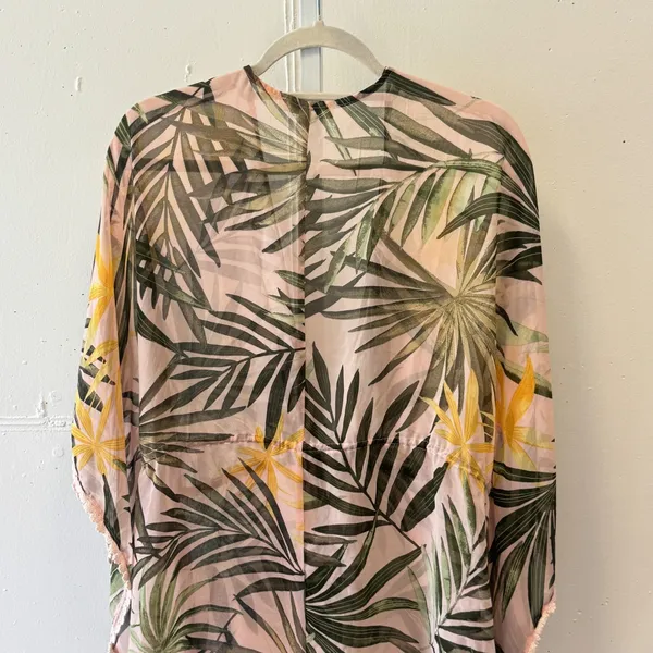 Francescas Tropical Palm Leaf Sheer Swim Cover Up Pink Green Small Crochet Trim - Image 7