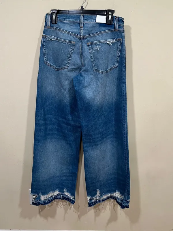RE/DONE Mid-Rise Wide Leg Jeans in a light wash with raw, distressed hems SZ 23 - Image 7