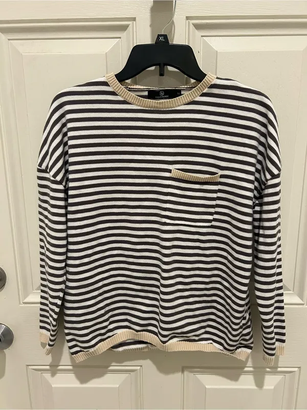Striped Crewneck Sweater with Contrast Trim - Black & Cream - Image 2