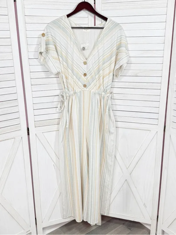 World Market Shilo Striped Wide Leg Cinch Waist‎ Jumpsuit Ivory Multi Cropped - Image 8