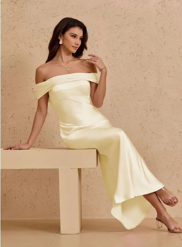 Satin strapless maxi dress formal wedding yellow - Image 4