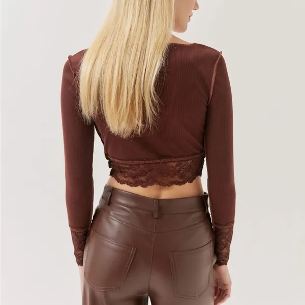 New with tags. Brown lace trim long sleeve crop top - Image 2