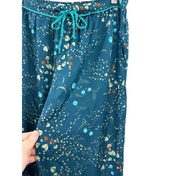 Bed To Brunch Botanical Pajama Lounge Pants Teal Satin Feel Drawstring Small‎ - Image 5