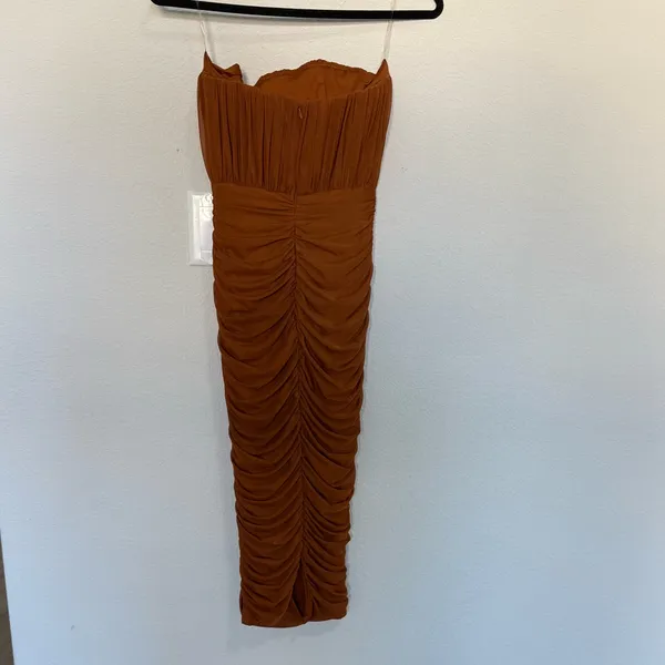 OH POLLY Cari Strapless Ruched Midi Midaxi Dress Copper Brown Size 4 NEW - Image 7