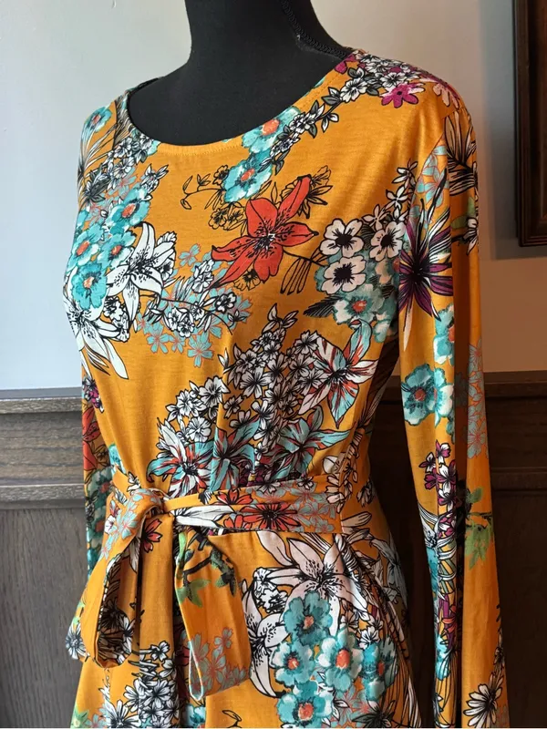 Club L London Mustard Floral Tie-Waist Long Sleeve Dress 14 EUC - Image 2