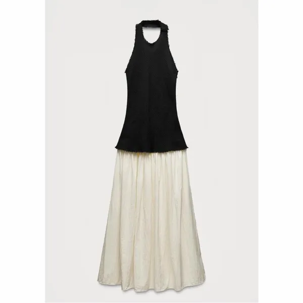 Zara NWT black tweed halter neck midi maxi dress contrast cream skirt drop waist - Image 4