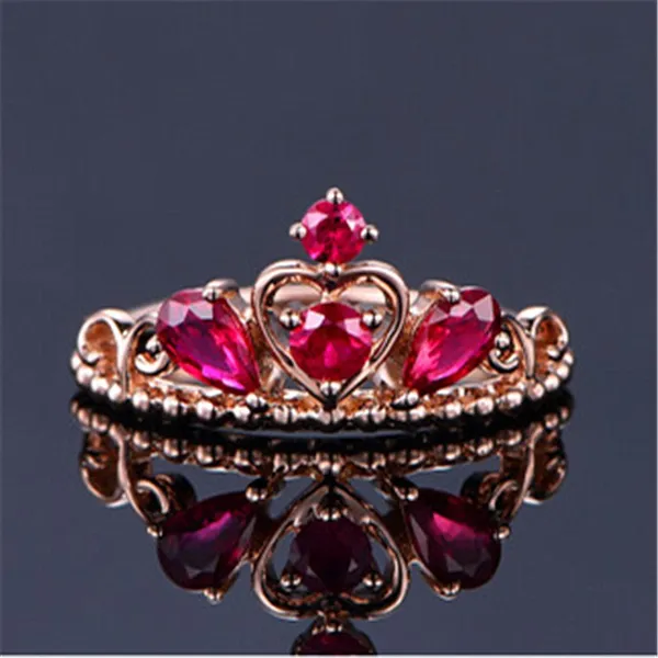 14K Rose Gold Plated Adjustable Red Crystal Ruby Crown Ring for Women - Image 3