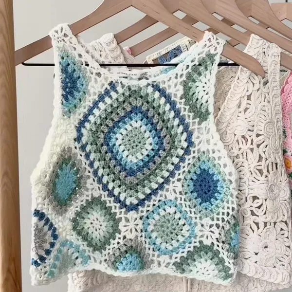 Altar’d state blue green white knit boho crochet crop tank - Image 2