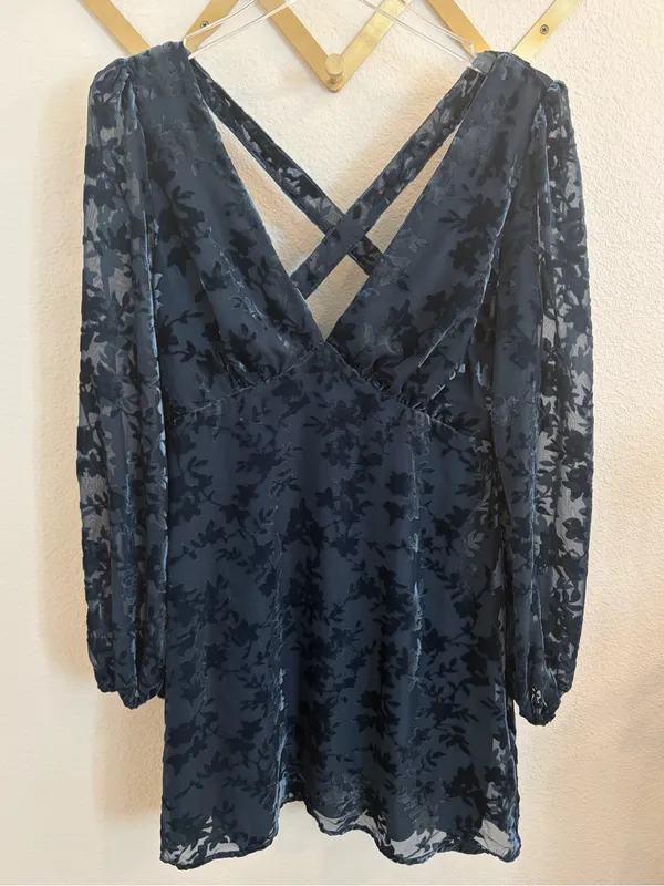 Lulus Stunning Stance Teal Blue Velvet Floral Long Sleeve Mini Dress Medium - Image 6