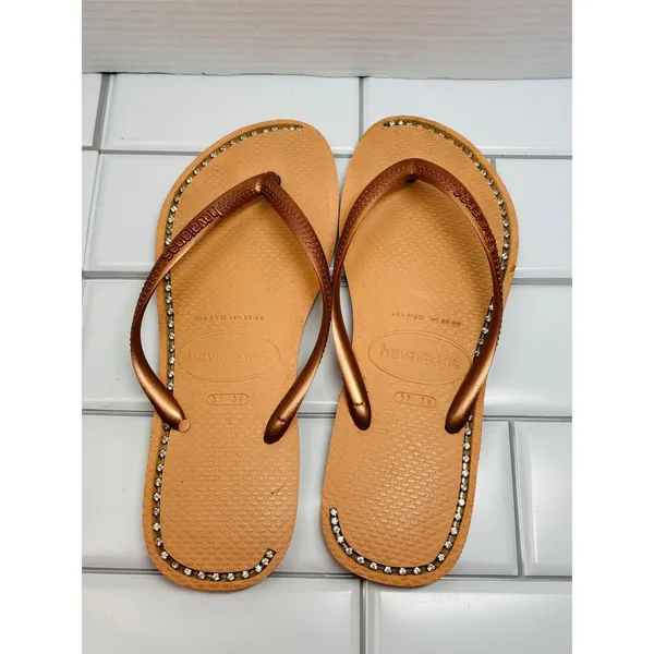 Havaianas Slim Flip Flops Rose Gold with Diamond-like stones embedded size 7/8 - Image 3