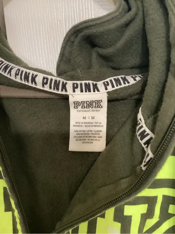 Victoria's Secret PINK Olive Green Hoodie with Neon Green Accents - Image 3