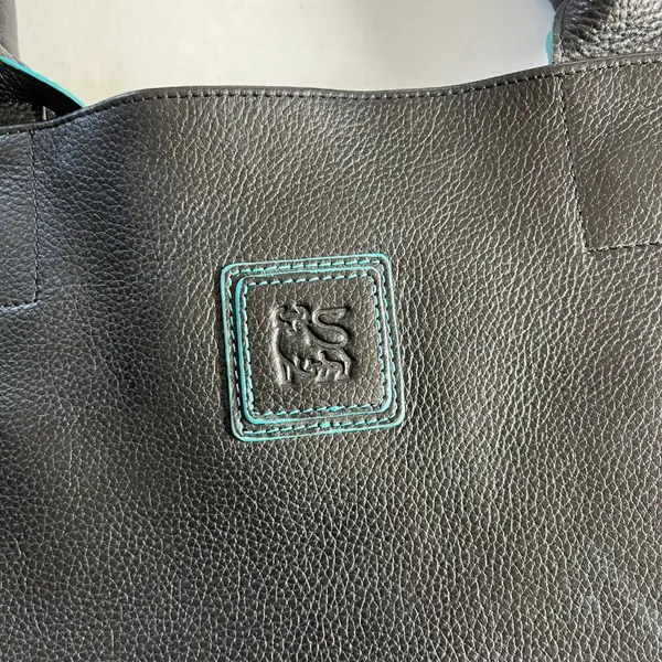Black Deertan‎ Cowhide Leather Tote Bag Teal Trim Classic Minimalist Purse - Image 2