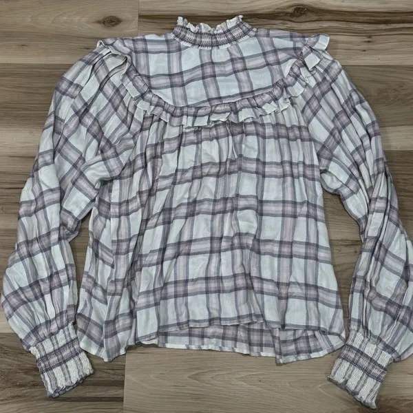 Free People Charlie Plaid Ruffle Blouse Top Women’s Medium - Image 2