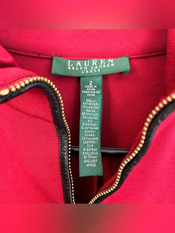 Ralph Lauren Red Mock Neck Lamb Leather Elbow Pad Sheath Bodycon Dress Size 2 - Image 8