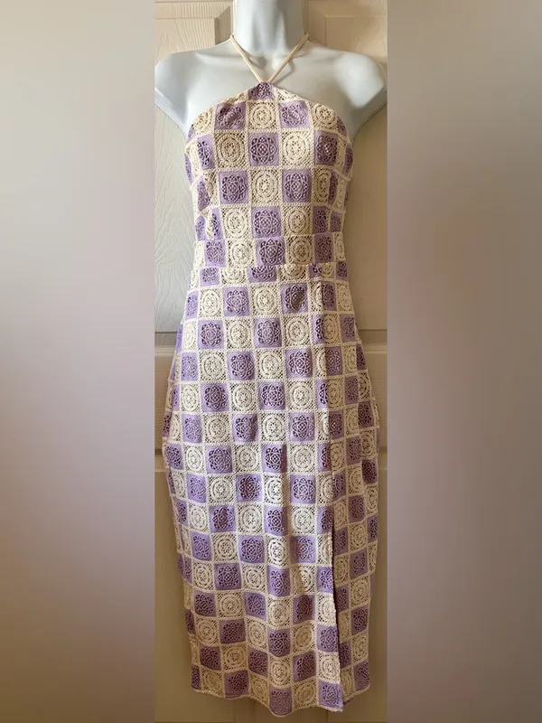 Anthropologie FORE‎ COLLECTION Lilac/Cream Checkered Crochet Halter Dress Autumn Wedding Guest - Image 4