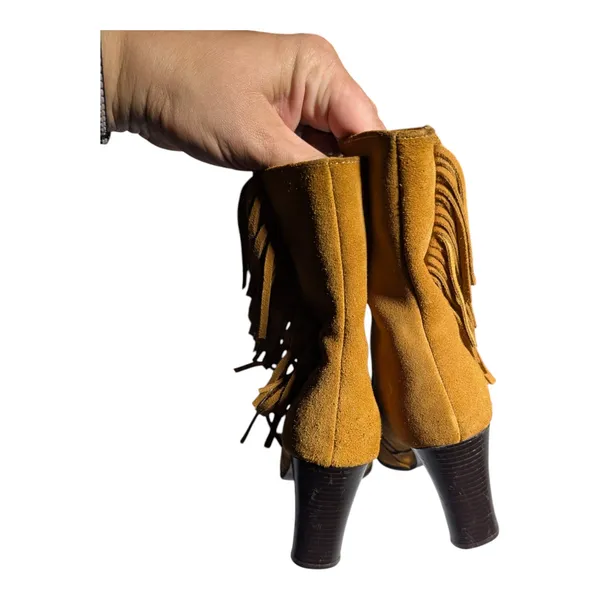 Vtg 1990s Predictions Brown Suede Fringe Trim Block Heel Square Toe Midi Boots 5 - Image 3