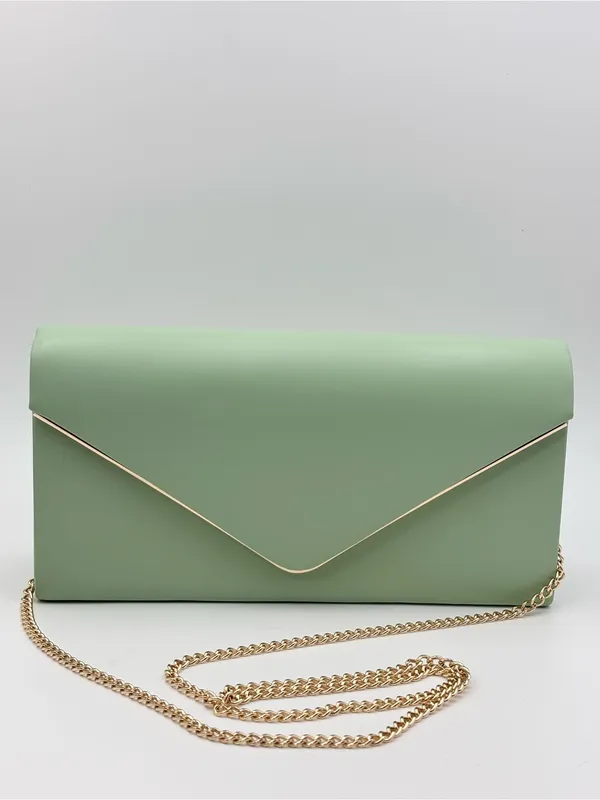 Mint Green Vegan Leather Envelope Clutch Bag with gold Chain‎ Evening Party - Image 2