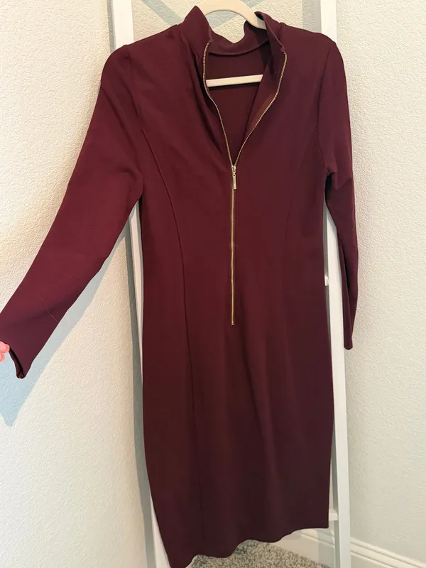 Kensie Burgundy Gold-Zip Long-Sleeve Ponte Midi Dress - Image 5